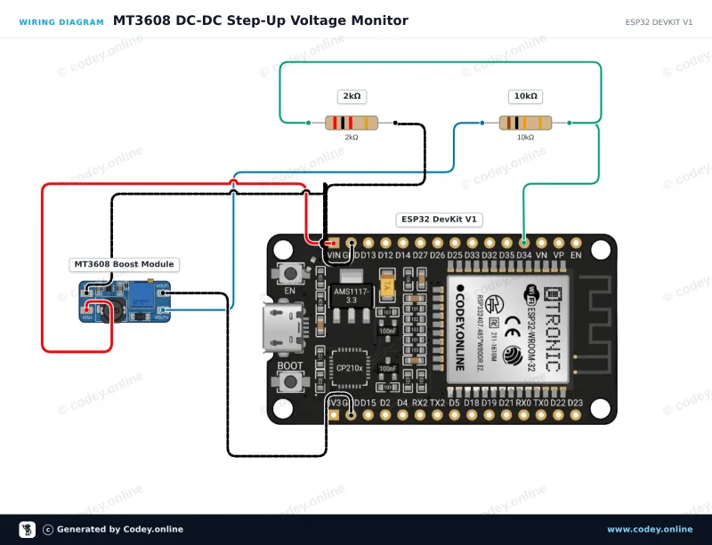 Διάγραμμα σύνδεσης: MT3608 2A Max DC-DC Μονάδα Ανύψωσης Τάσης Booster Power Module σε ένα ESP32 DevKit V1