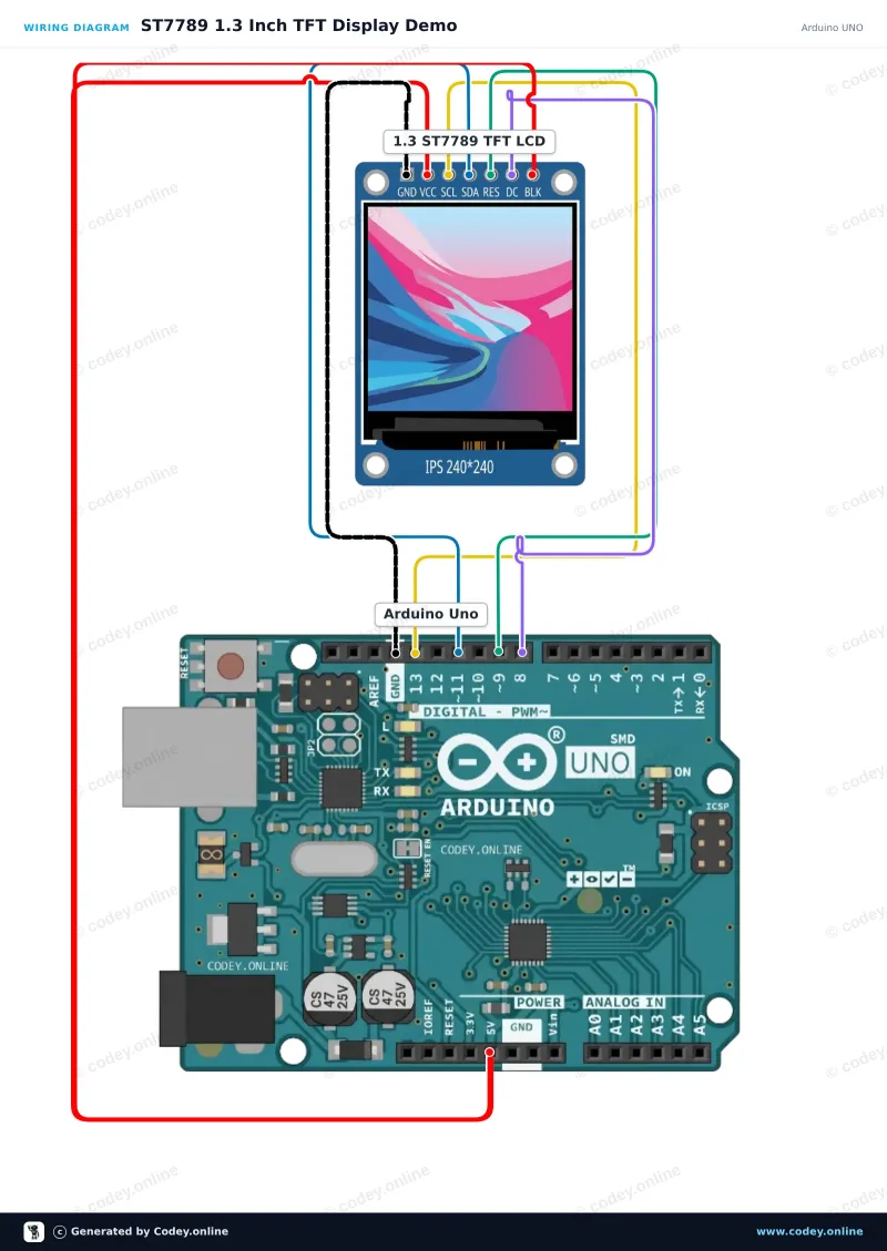 Διάγραμμα σύνδεσης: 1.3inch SPI TFT LCD Display RGB (ST7789, 3.3V) σε ένα Arduino UNO
